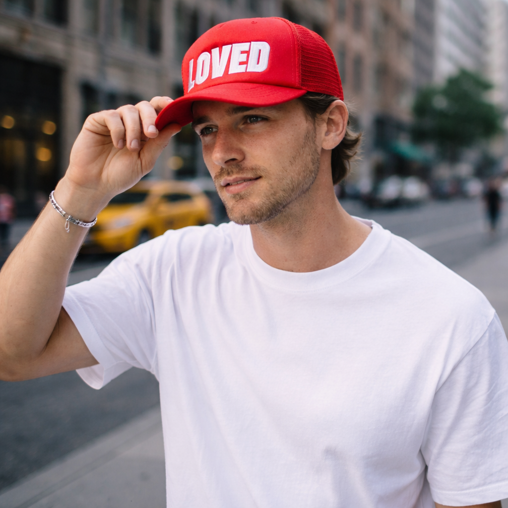 LOVED Pink Embroidered Red Trucker Hat