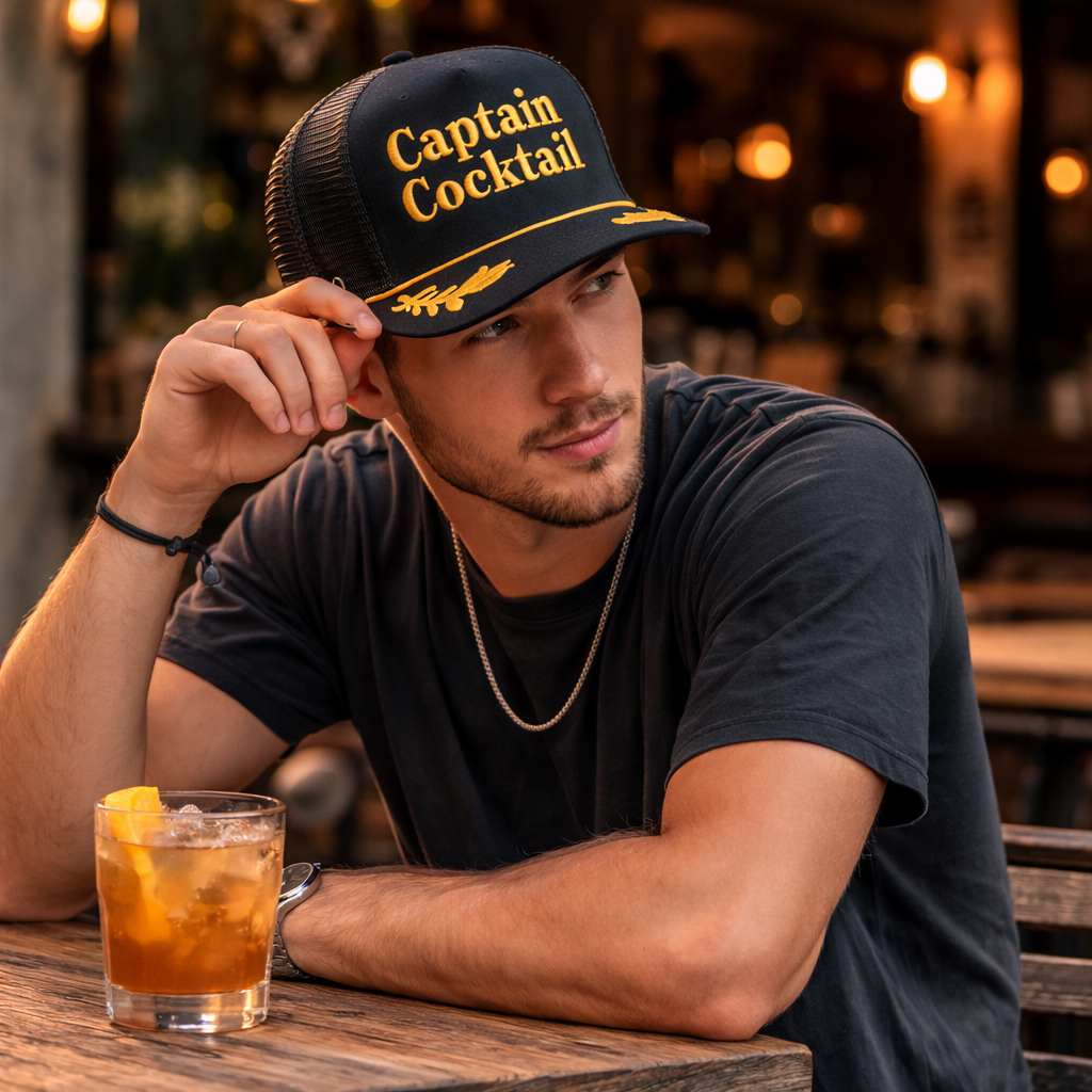 Captain Cocktail Embroidered Black Foam Trucker Hat with Mesh Back