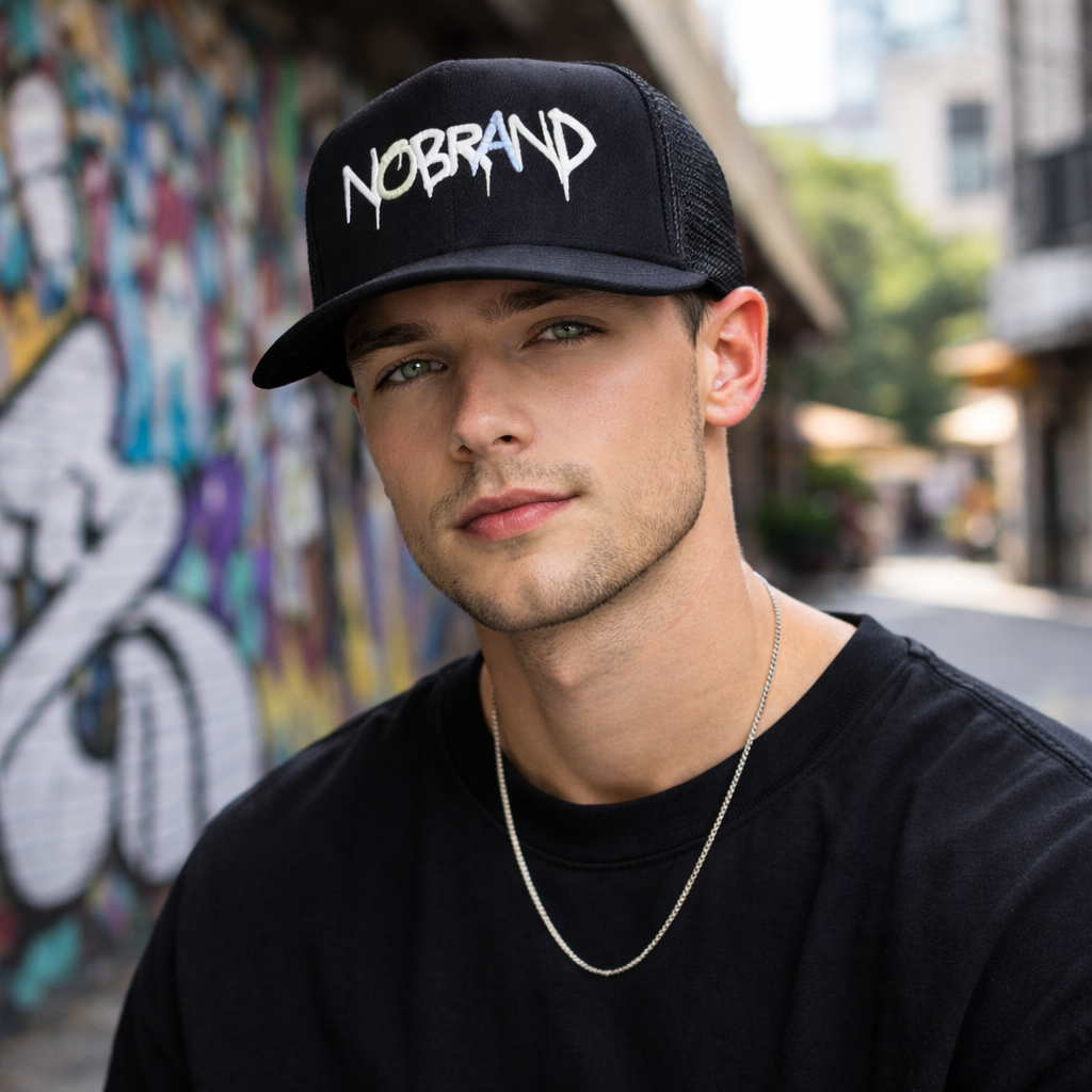 Black 5-Panel Foam Trucker Cap with Bold Logo Embroidery