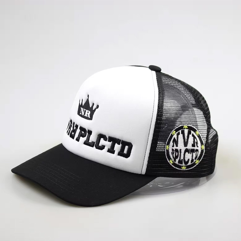 NVRRPLCTD Crown Logo Foam Front Trucker Cap – Black White Mesh Snapback