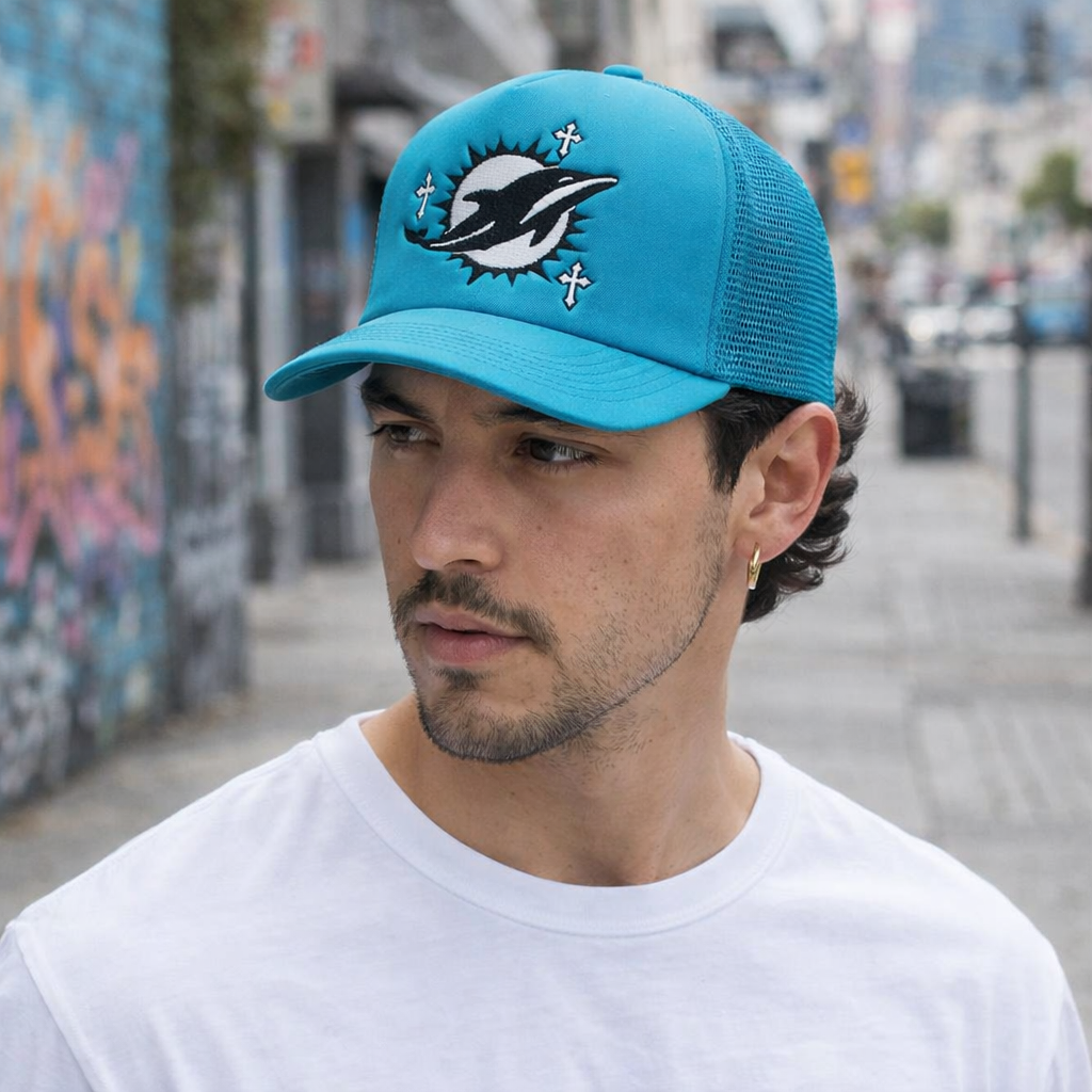 Blue Dolphin Embroidered Foam Front Mesh Trucker Cap