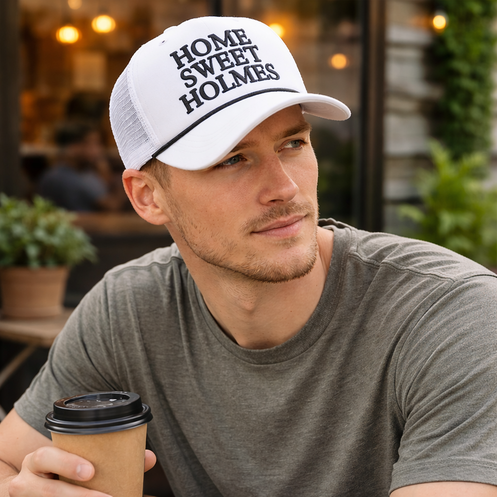White Mesh Trucker Hat with HOME SWEET HOLMES 3D Embroidery – 5 Panel Foam Cap