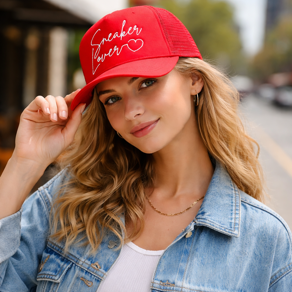 Red Trucker Hat with Sneaker Lover Embroidery