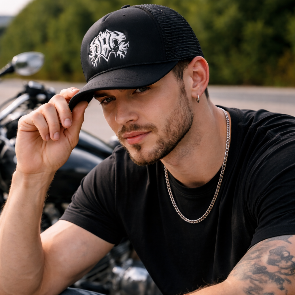 Metal-Inspired Graphic Foam Mesh Cap – Bold 5 Panel Curved Trucker Design