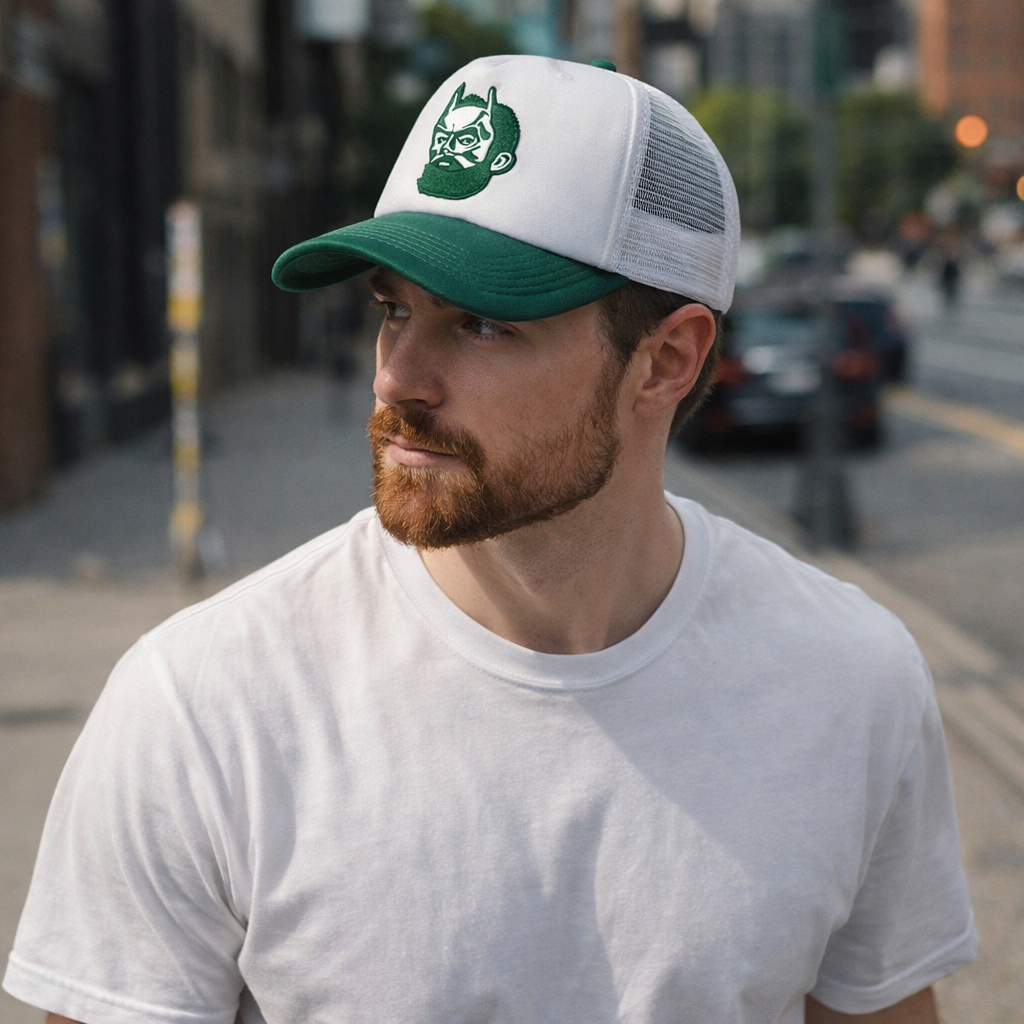 Green and White Embroidered Bearded Hero Trucker Hat