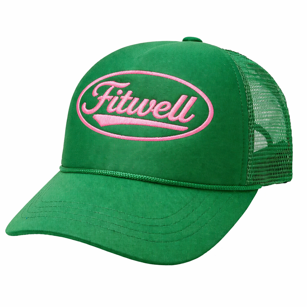 Green Foam Mesh Trucker Hat with Pink Embroidery – Drinking Logo Cap