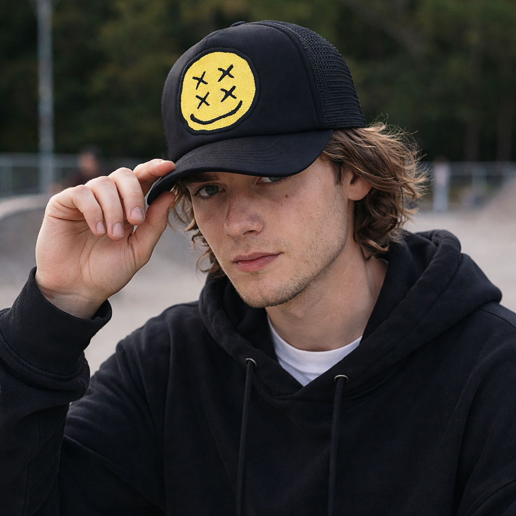 Bold Yellow Emoticon Trucker Cap – Black Mesh Style