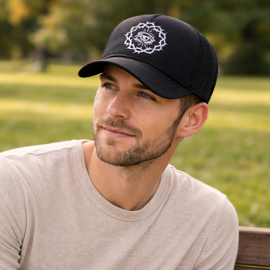 Black Mesh Trucker Hat with Eye Symbol Flat Embroidery
