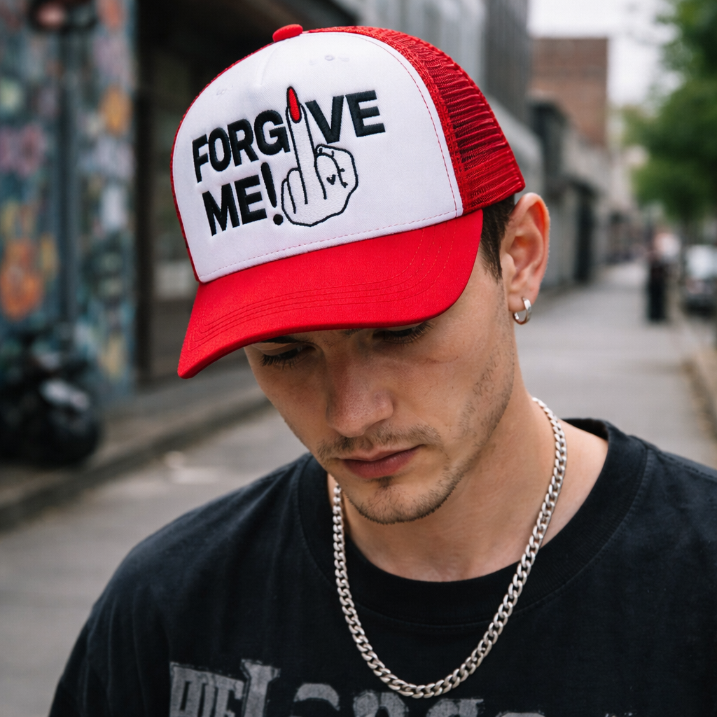 Red & White 5-Panel Foam Trucker Hat with Flat Embroidered Graphic