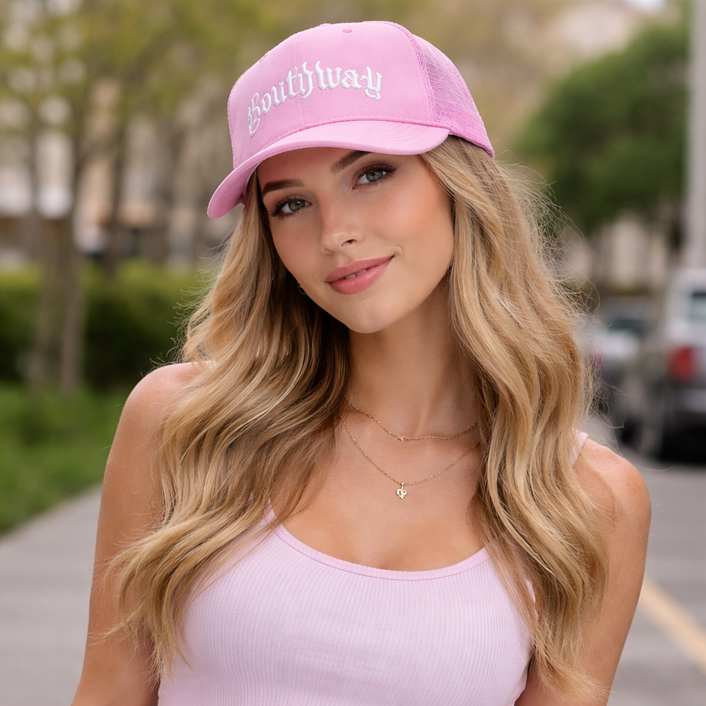 Pink Southway Foam Trucker Hat – Flat Embroidered Logo 5 Panel Mesh Cap
