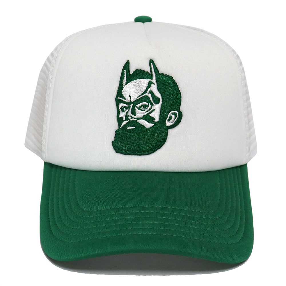 Green and White Embroidered Bearded Hero Trucker Hat