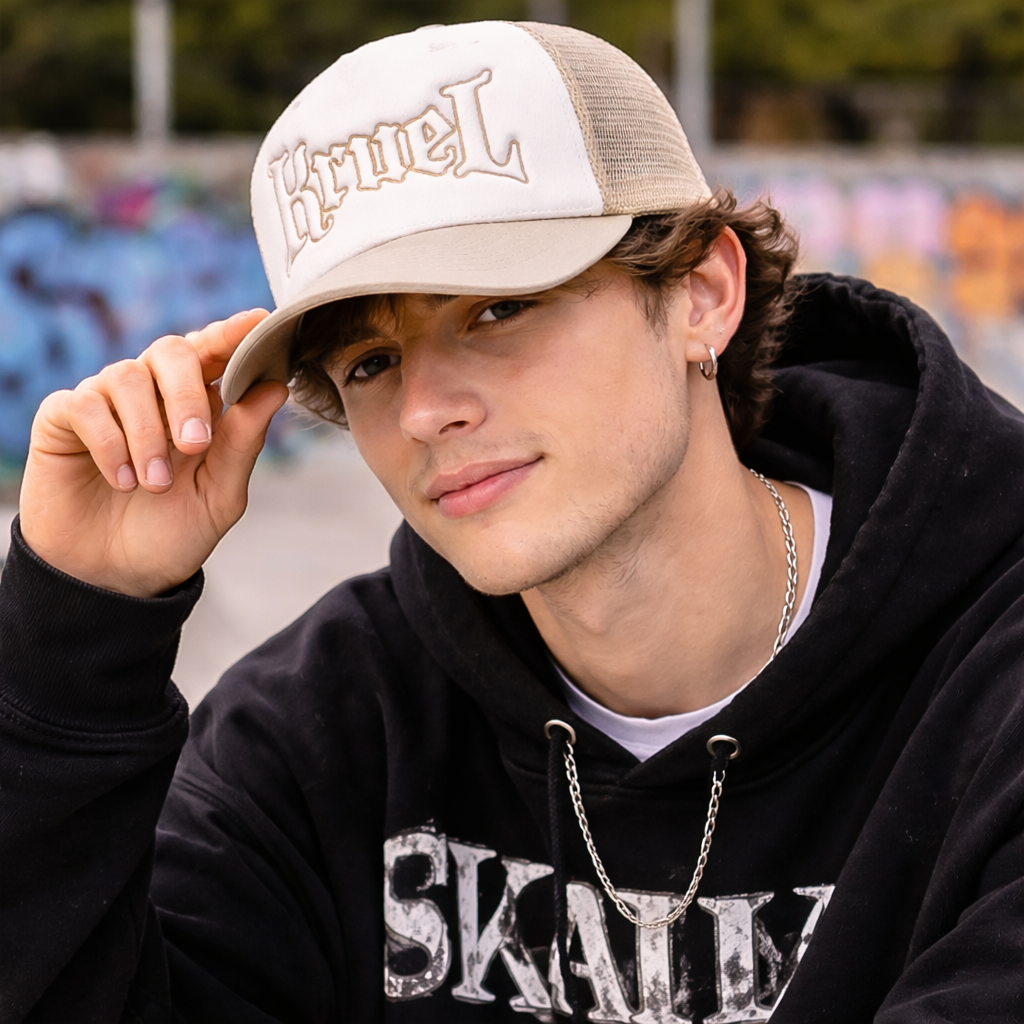 Beige and White Foam Trucker Hat with Gothic Letter Embroidery