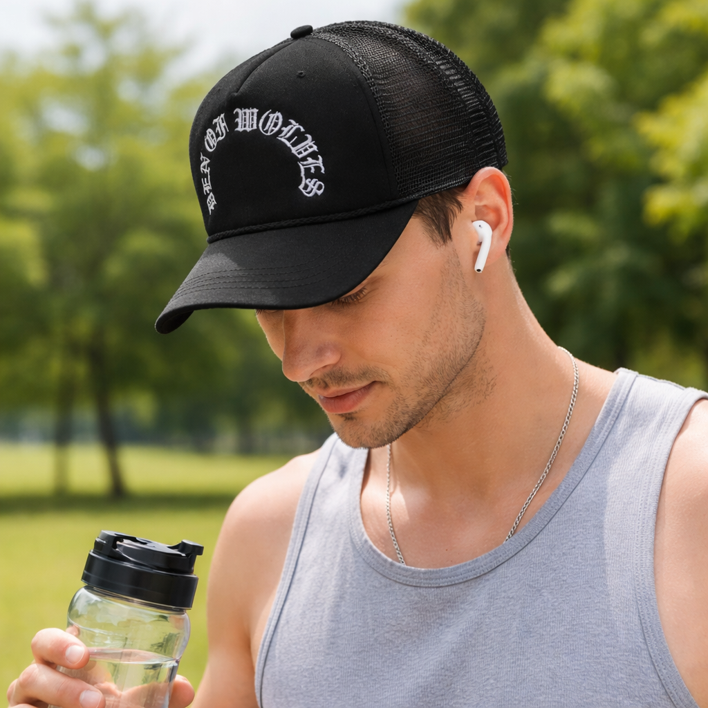 Vintage Gothic Mesh Trucker Hat with Flat Embroidery – Black Foam Cap