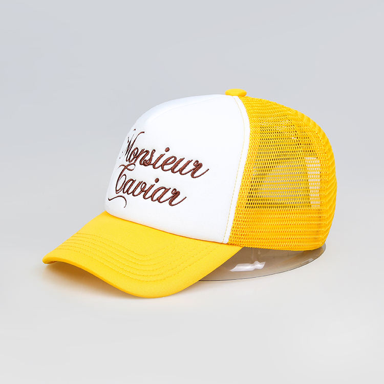 Yellow and White 5 Panel Foam Trucker Hat with Embroidered Script