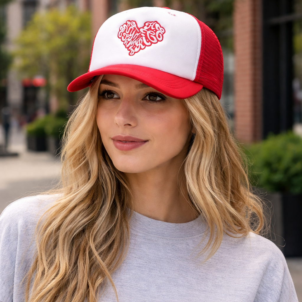 Red & White Foam Trucker Hat with Heart Logo – 5 Panel Mesh Cap