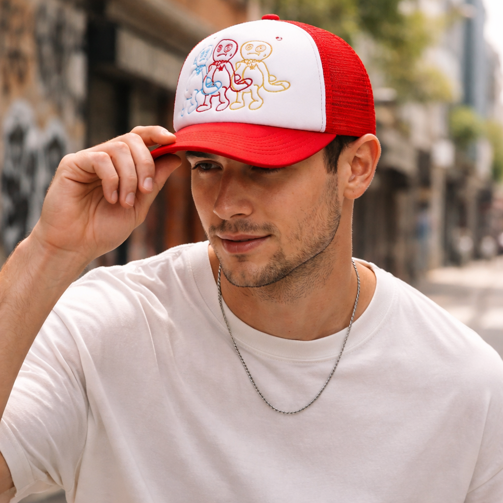 Colorful Cartoon Embroidered Foam Trucker Hat – Playful Mesh Cap for Street Style
