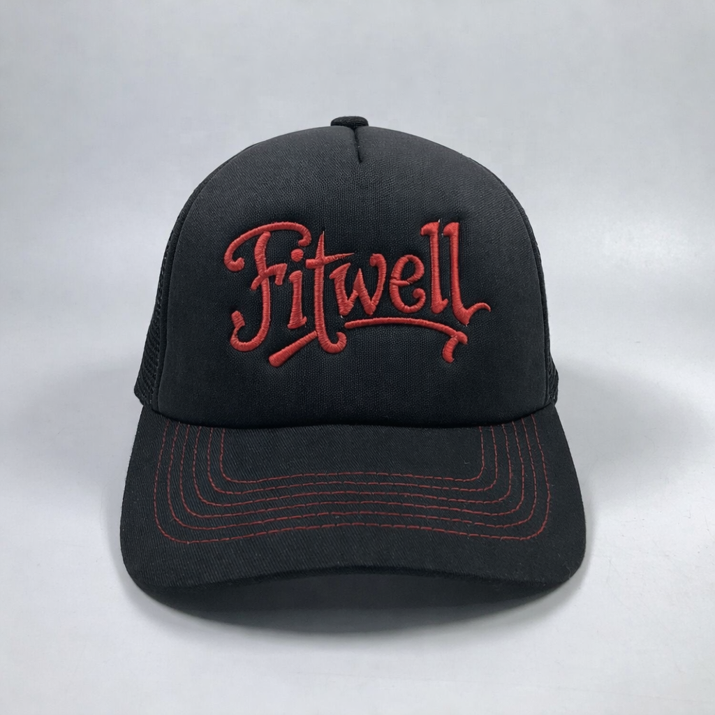 Stylish Black Embroidered Trucker Hat with Red Lettering