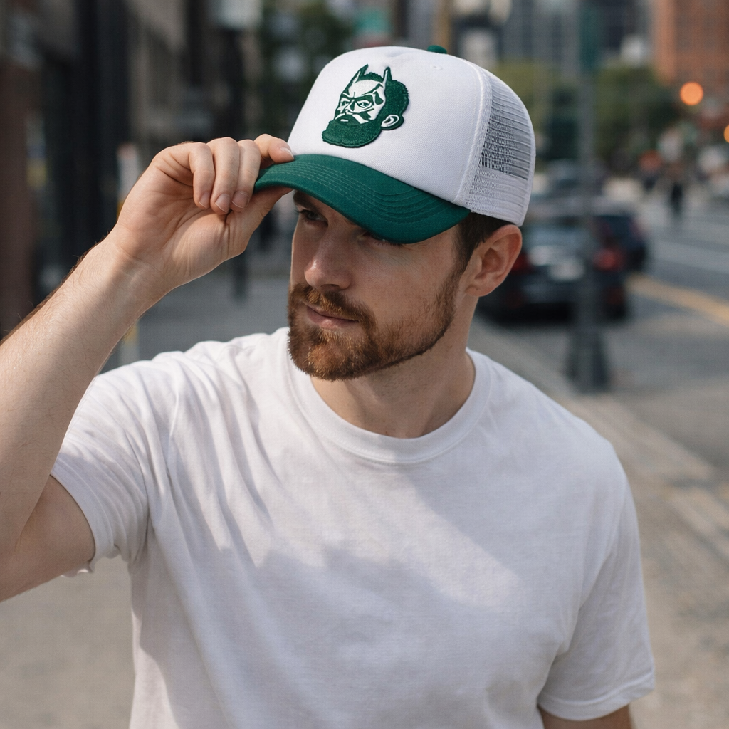 Green and White Embroidered Bearded Hero Trucker Hat