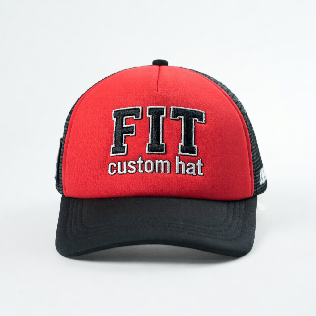 Red and Black Mesh Back Trucker Cap with Embroidered Letter Logo