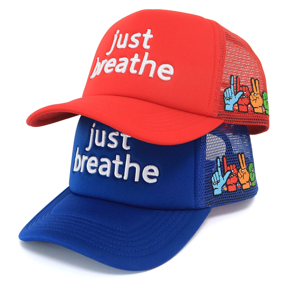 Just Breathe Colorful Foam Trucker Hat with Peace Sign Mesh – Bold 5 Panel Snapback