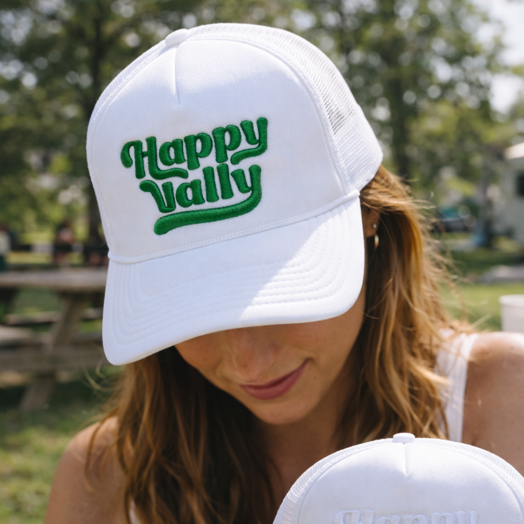 White 5 Panel Foam Trucker Hat with Flat Embroidered Logo