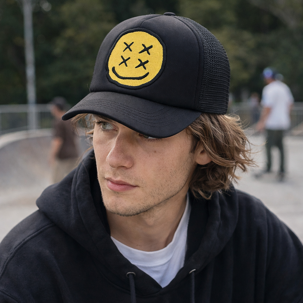 Bold Yellow Emoticon Trucker Cap – Black Mesh Style