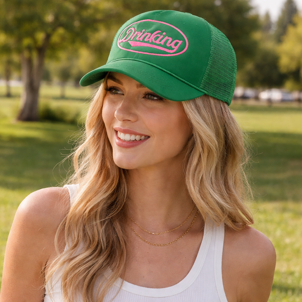 Green Foam Mesh Trucker Hat with Pink Embroidery – Drinking Logo Cap