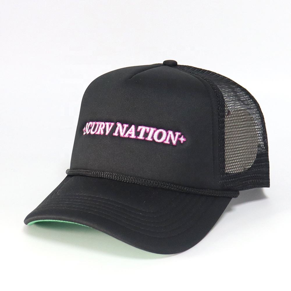 Black Foam Trucker Hat with Pink Embroidered Slogan and Rope Detail