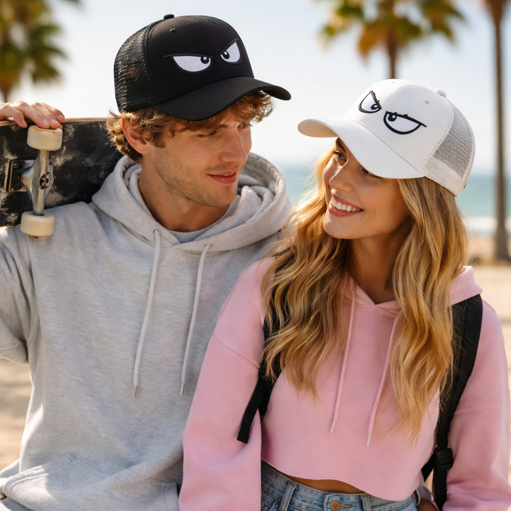 Angry Eyes Embroidered 5-Panel Foam Trucker Hat with Mesh Back