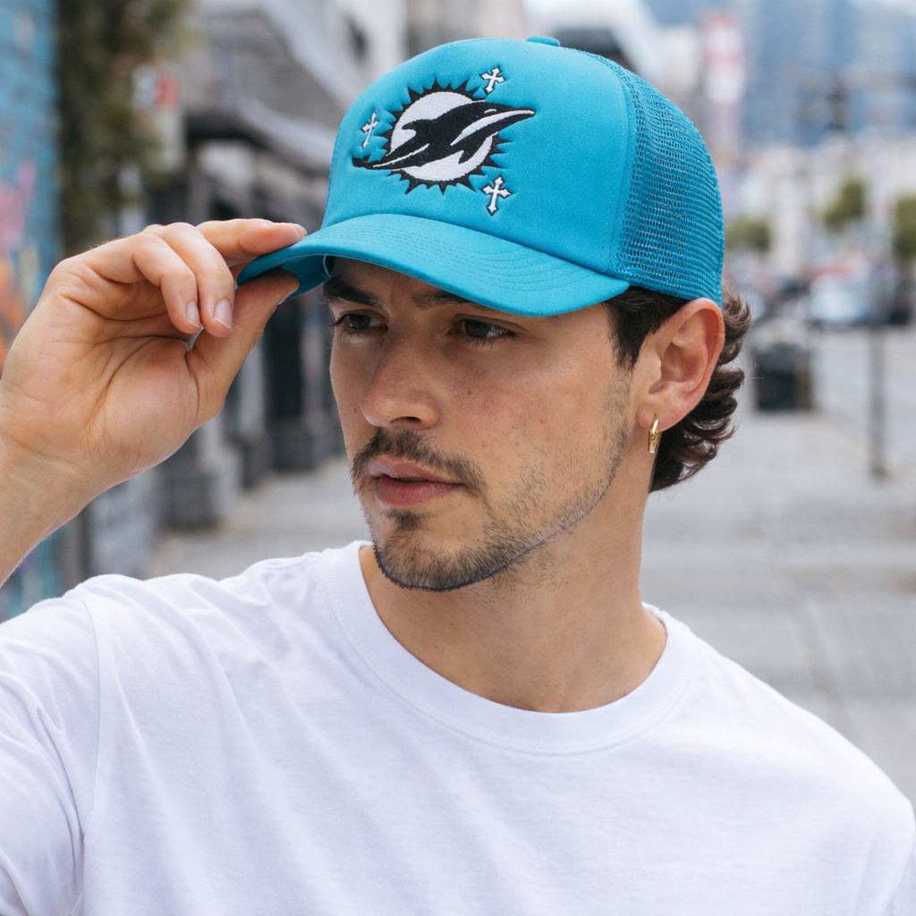 Blue Dolphin Embroidered Foam Front Mesh Trucker Cap