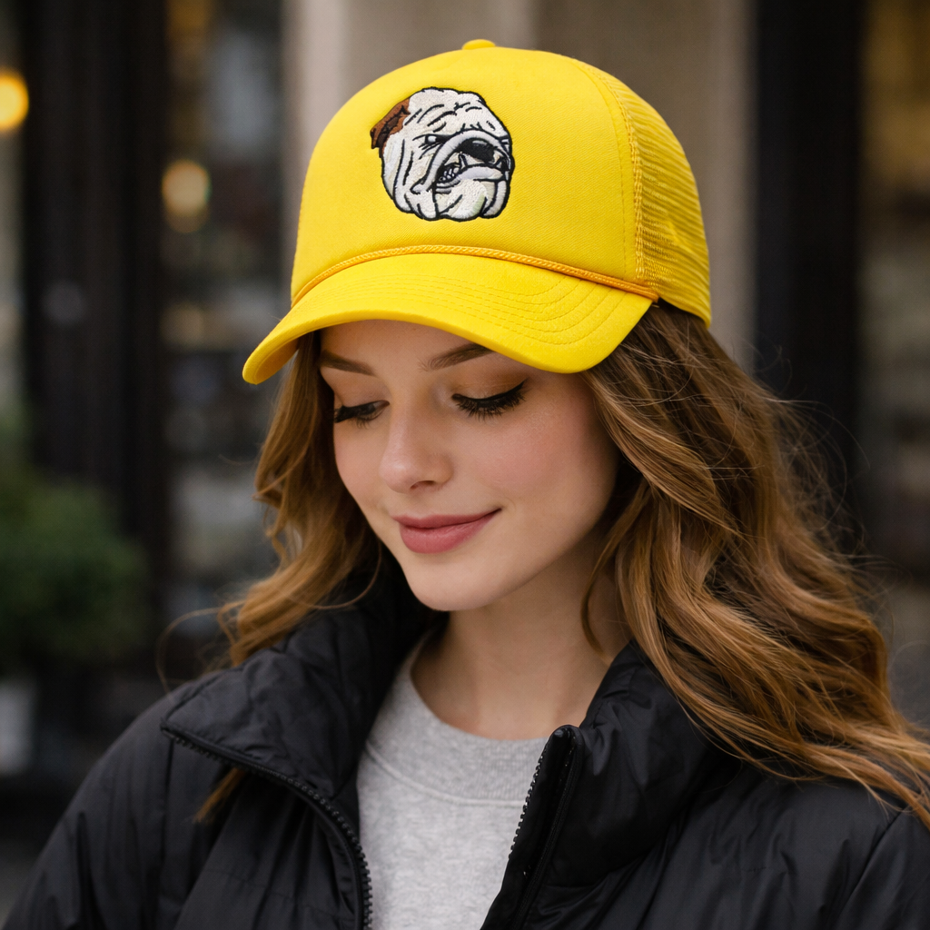 Yellow Mesh Bulldog Cap – Embroidered Foam Front Trucker Hat