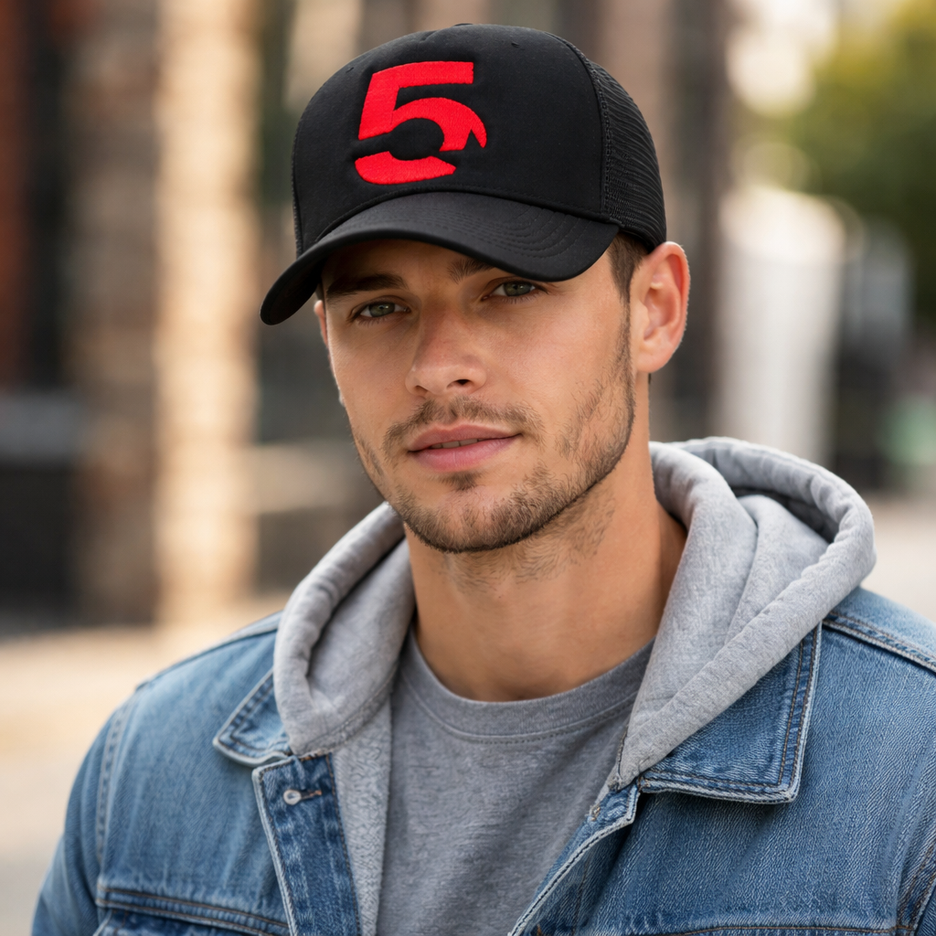 Black Foam Trucker Hat with Red Number 5 Flat Embroidery