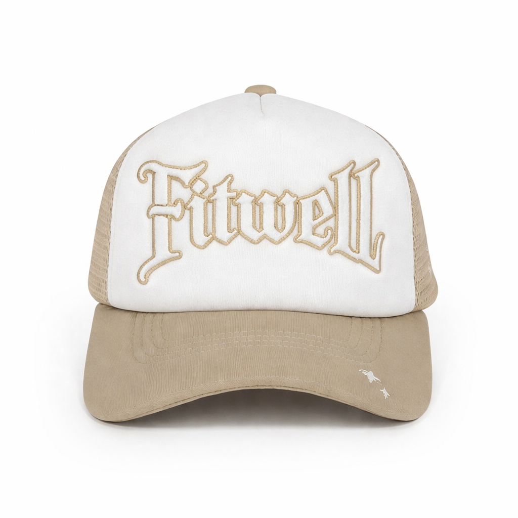Beige and White Foam Trucker Hat with Gothic Letter Embroidery