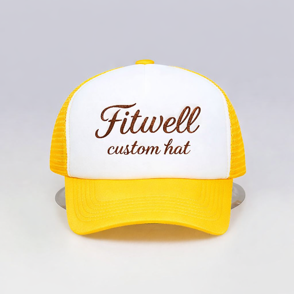 Yellow and White 5 Panel Foam Trucker Hat with Embroidered Script