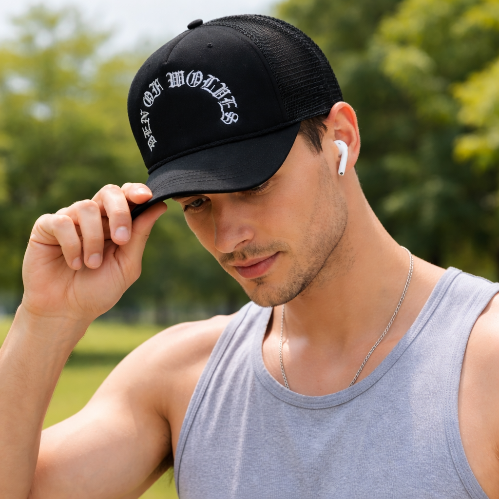Vintage Gothic Mesh Trucker Hat with Flat Embroidery – Black Foam Cap