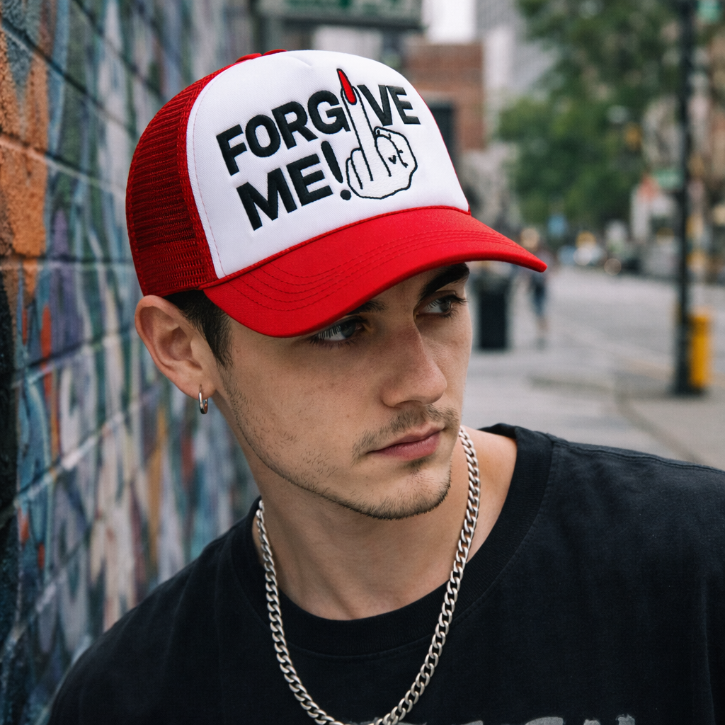 Red & White 5-Panel Foam Trucker Hat with Flat Embroidered Graphic