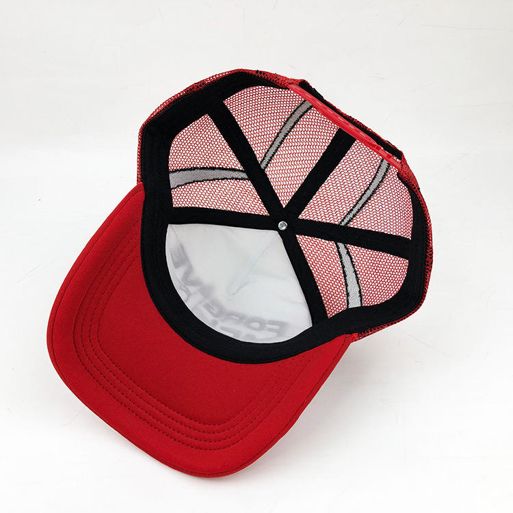 Red & White 5-Panel Foam Trucker Hat with Flat Embroidered Graphic