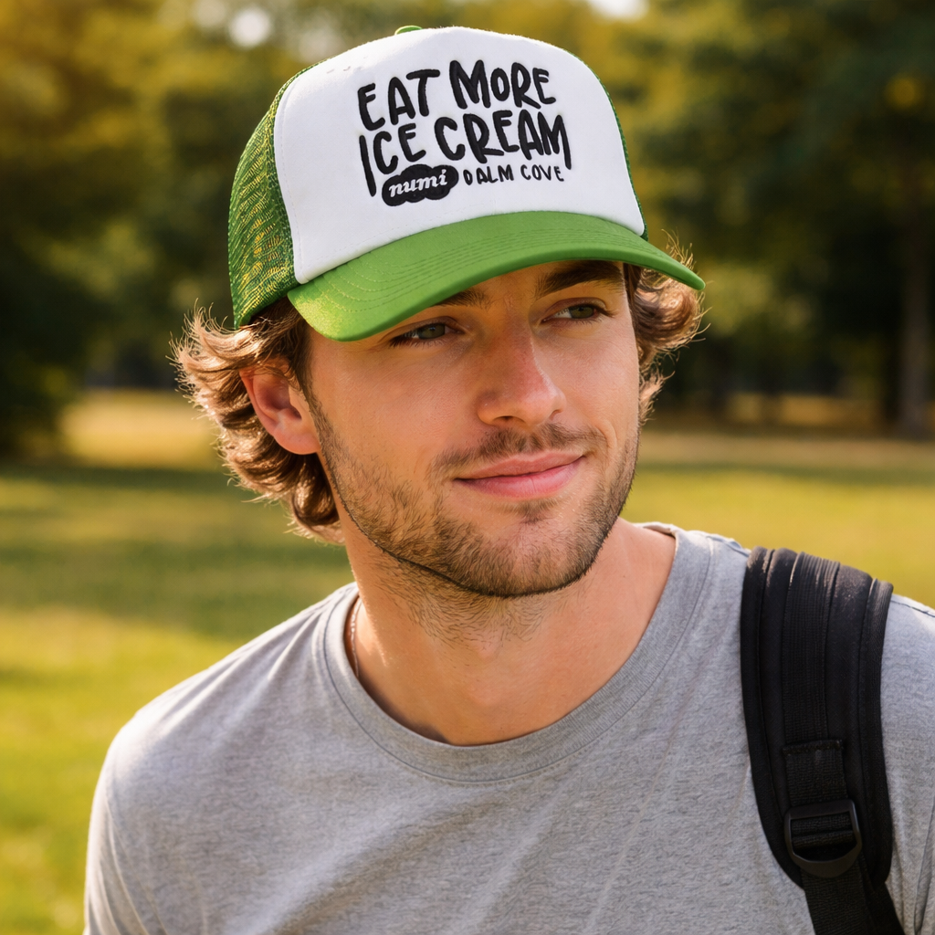 Eat More Ice Cream Embroidered 5-Panel Foam Trucker Hat with Flat Embroidery