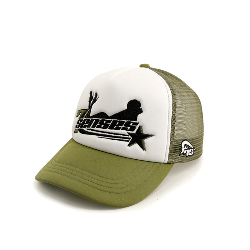 Green & White Foam Mesh Trucker Cap with Star Graphic Embroidery