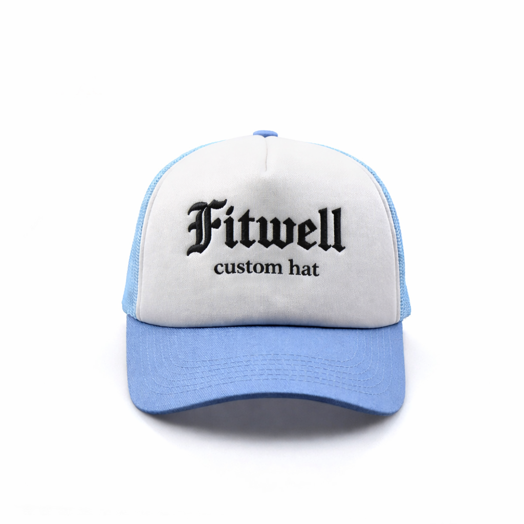 Lost Angel Embroidered Blue White Foam Mesh Trucker Hat – 5 Panel Snapback