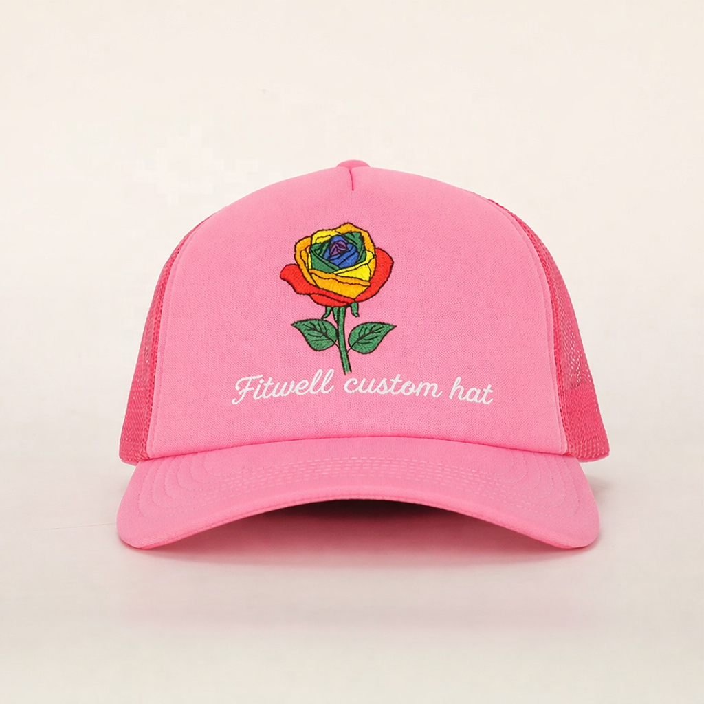 Pink Rose Embroidered Trucker Cap – Stylish Summer Mesh Hat