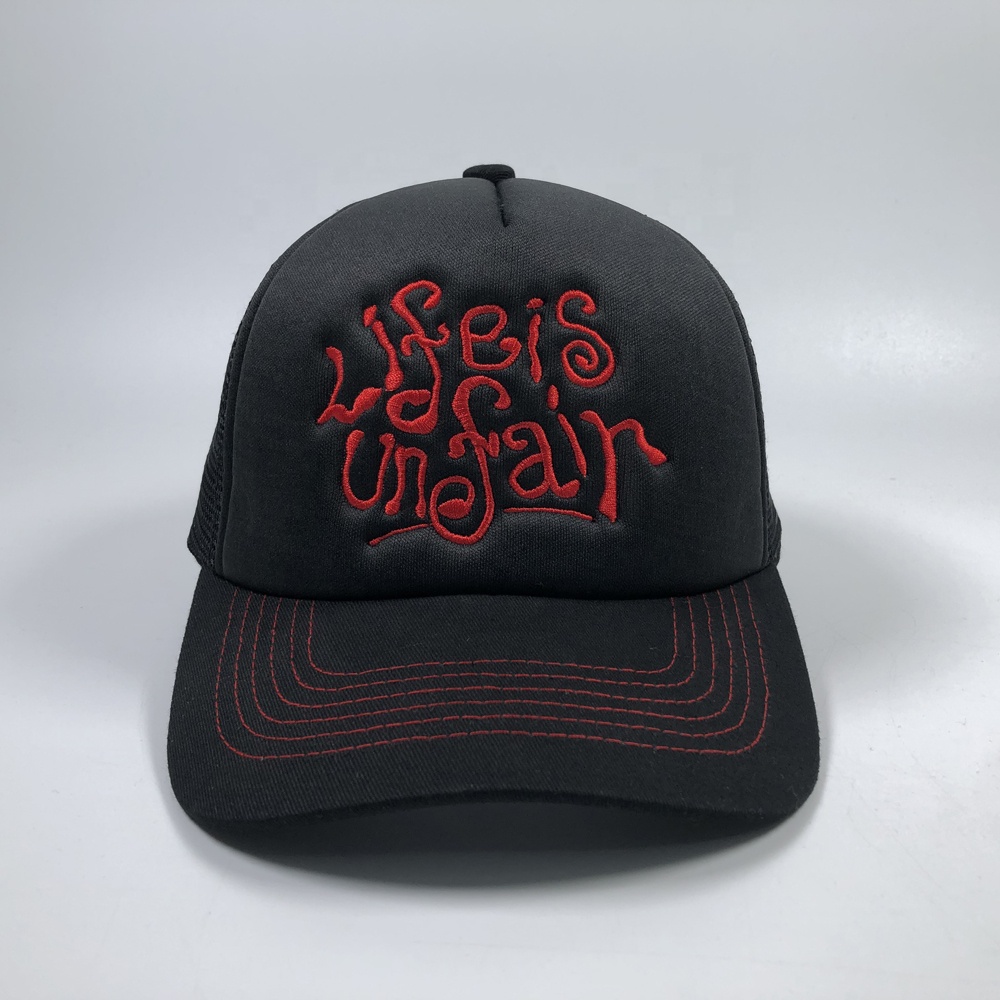Stylish Black Embroidered Trucker Hat with Red Lettering