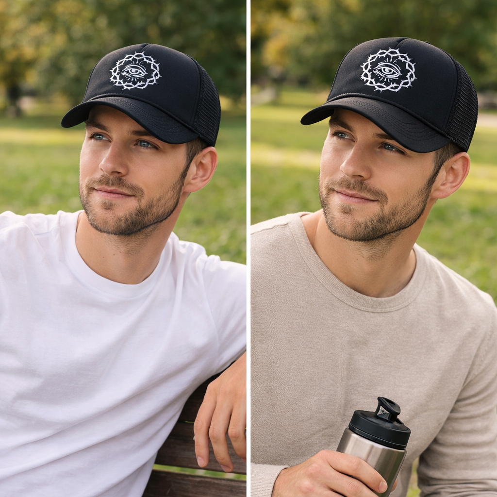 Black Mesh Trucker Hat with Eye Symbol Flat Embroidery