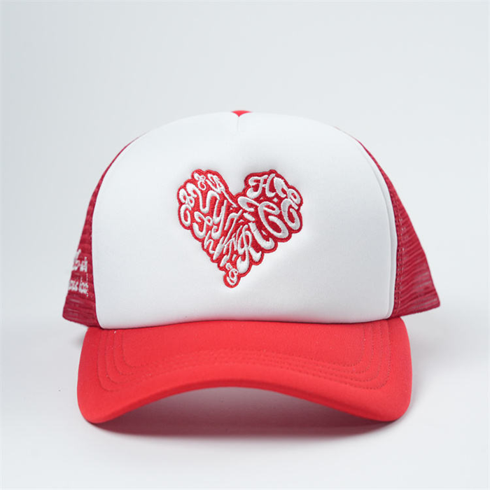 Red & White Foam Trucker Hat with Heart Logo – 5 Panel Mesh Cap