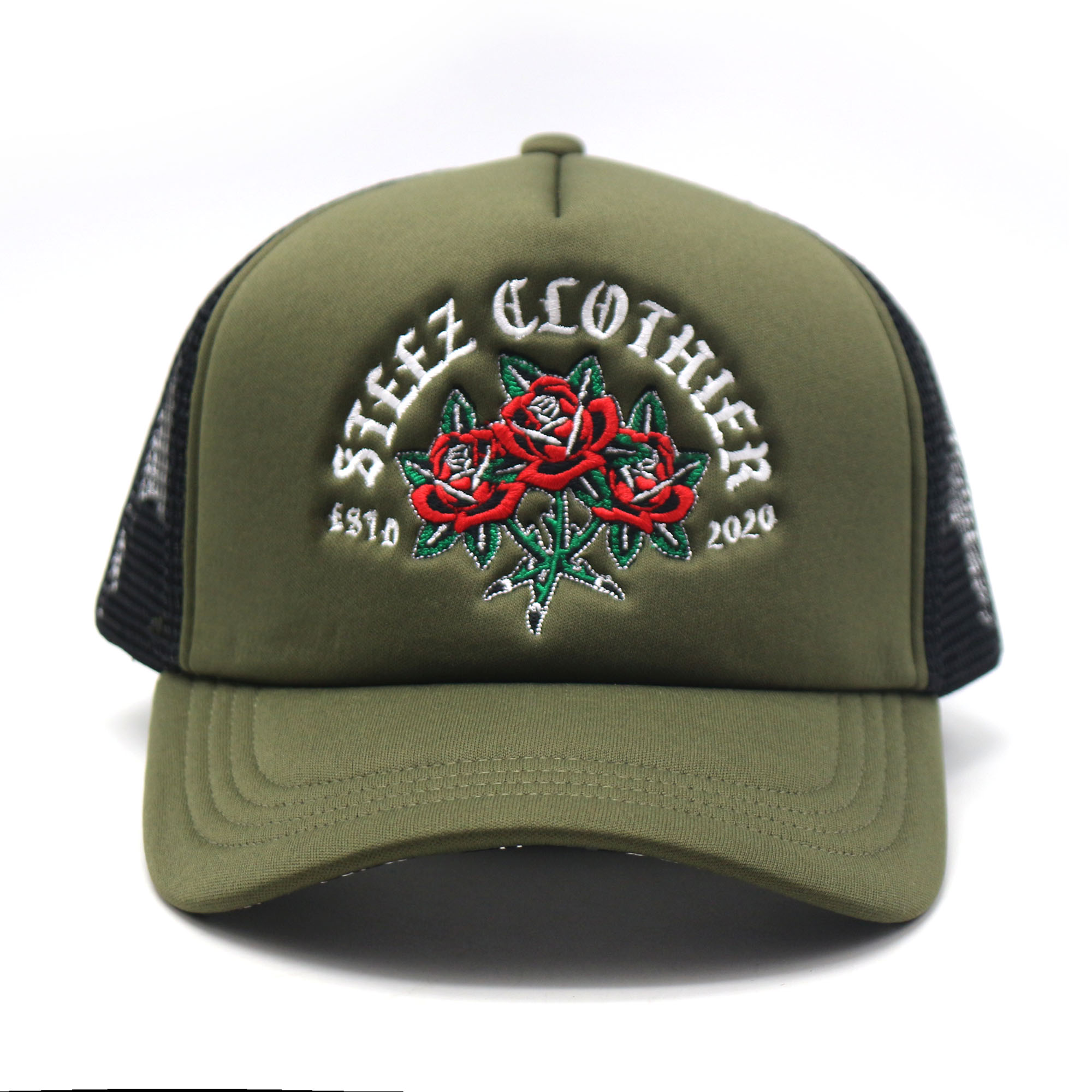 High-Quality Foam Trucker Hat with Flat Embroidered Rose Logo