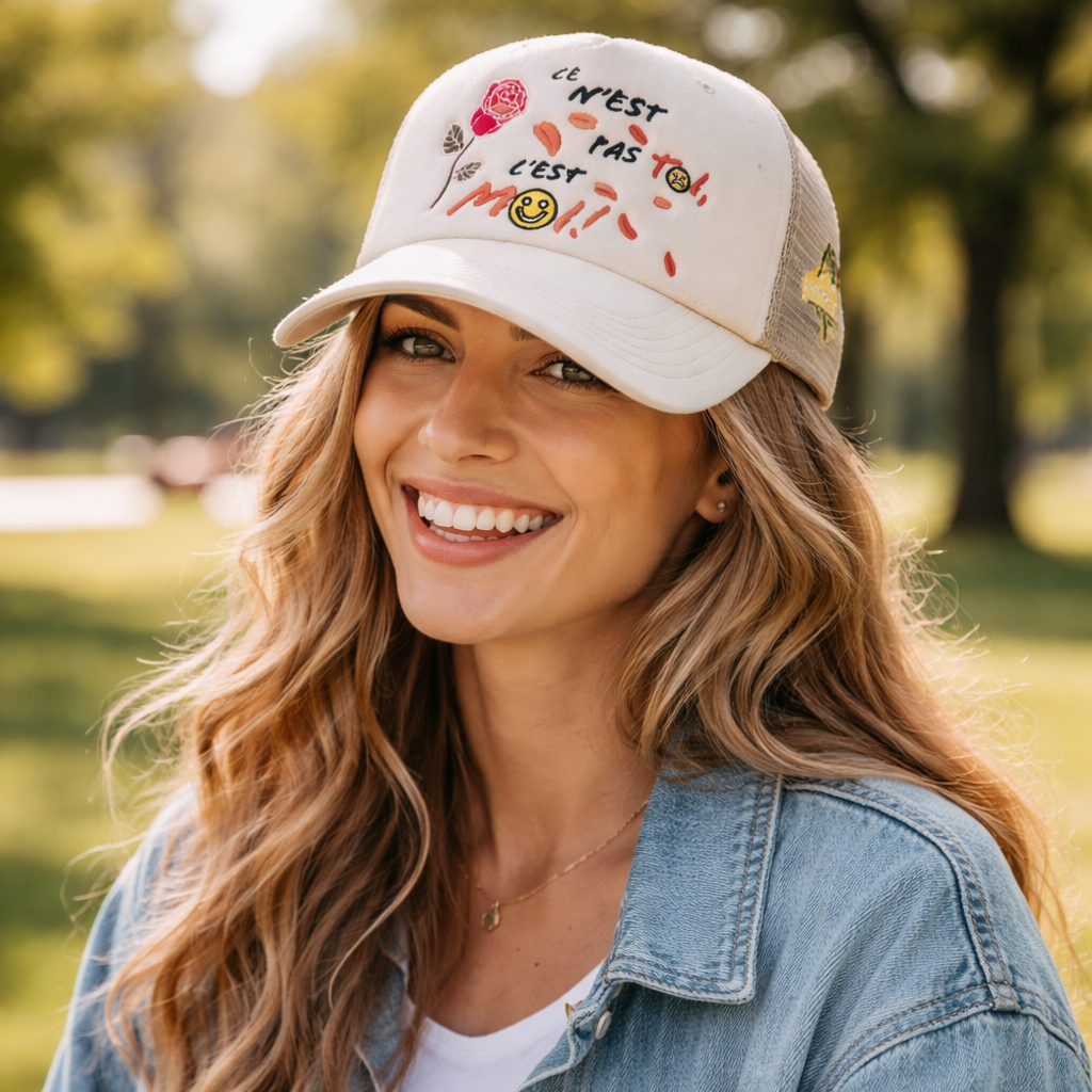 Ce N'est Pas Toi C'est Moi Embroidered 5-Panel Foam Trucker Hat with Flat Embroidery