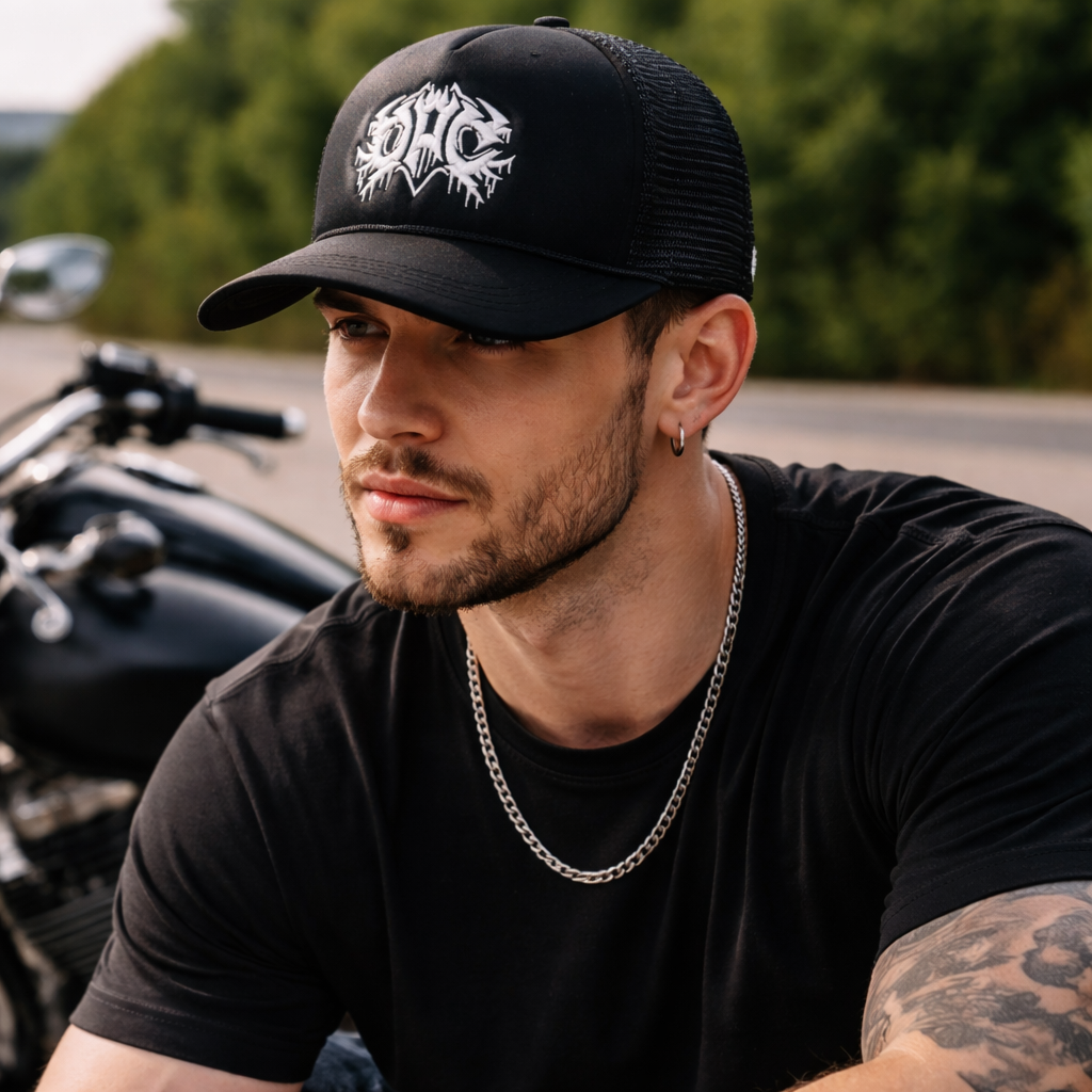 Metal-Inspired Graphic Foam Mesh Cap – Bold 5 Panel Curved Trucker Design