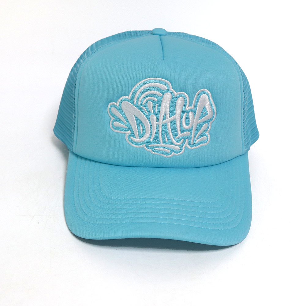 Light Blue Graffiti Embroidered Foam Trucker Cap Breathable Mesh Snapback Hat