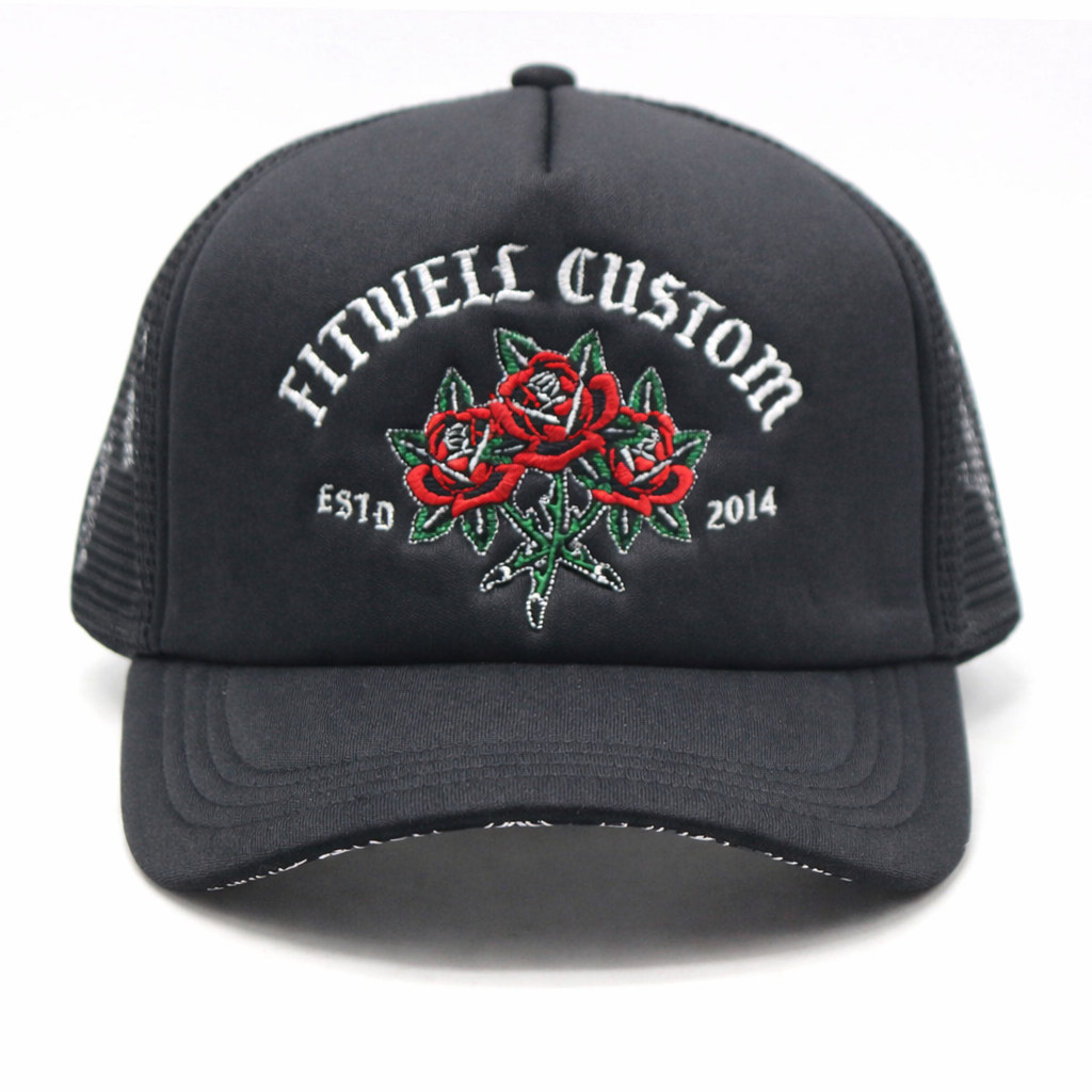 High-Quality Foam Trucker Hat with Flat Embroidered Rose Logo
