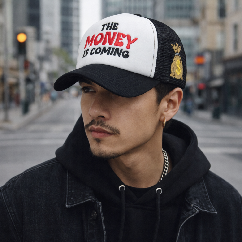 The Money Is Coming Embroidered Foam Mesh Trucker Hat